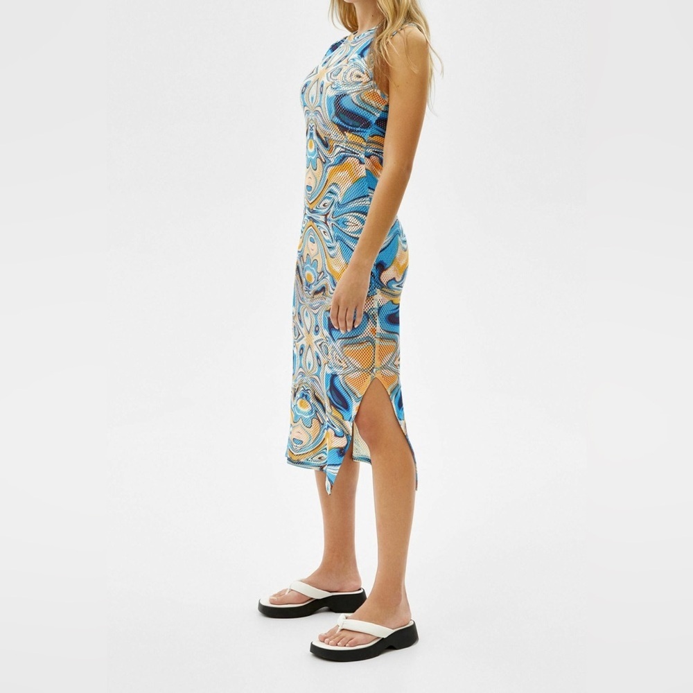 Bershka Blue Orange Bodycon Sleeveless Shift Dress Mesh Sz‎ Large